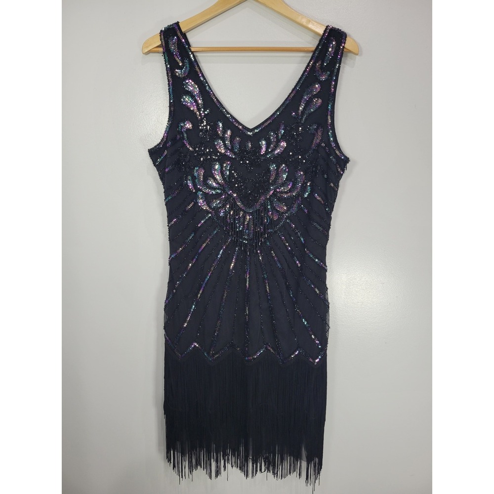Babeyond Women XL Black Iridescent Sequin Beaded Fringe Flapper Gatsby 20s Dress